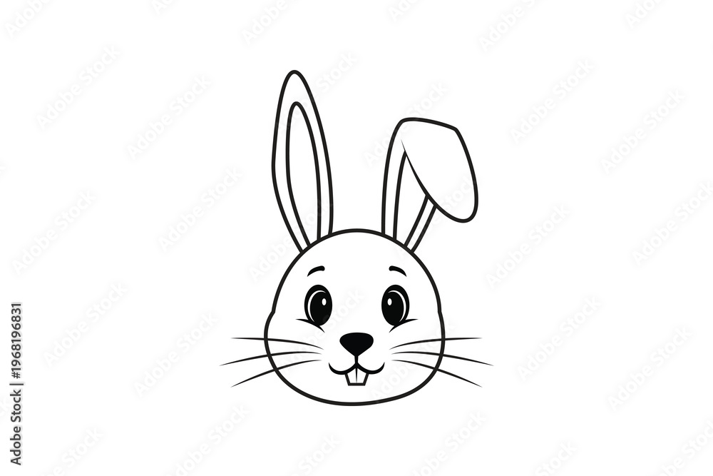Obraz premium Black and white illustration of a cute bunny face with long ears, whiskers, and a cheerful expression, perfect for children's books or Easter themes.