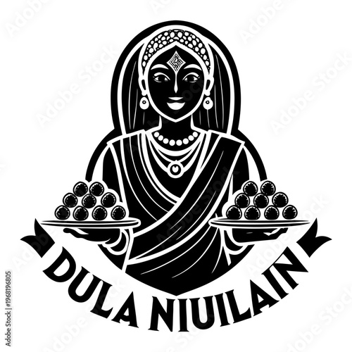 Create a colorful logo featuring a smiling woman in traditional attire (sari) holding a tray with small round sweets. Below the woman, add stylized flower icons in a row. Use warm colors like orange a