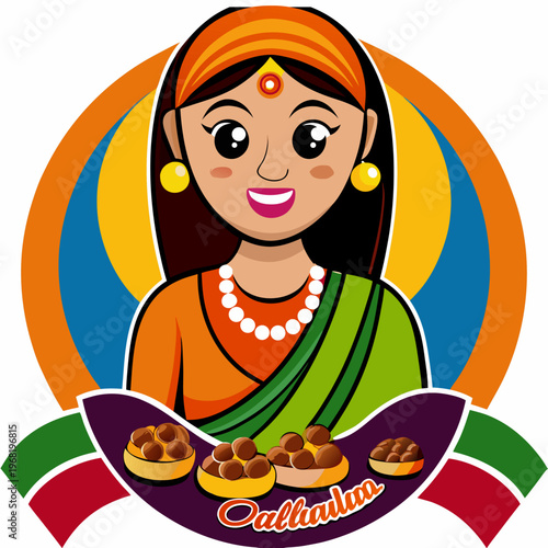 Create a colorful logo featuring a smiling woman in traditional attire (sari) holding a tray with small round sweets. Below the woman, add stylized flower icons in a row. Use warm colors like orange a