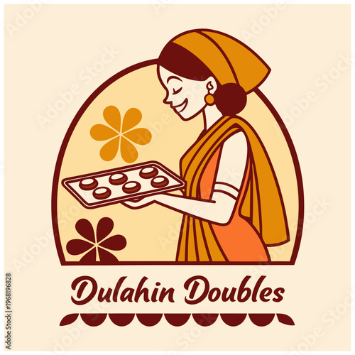 Create a colorful logo featuring a smiling woman in traditional attire (sari) holding a tray with small round sweets. Below the woman, add stylized flower icons in a row. Use warm colors like orange a