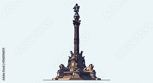 Tall monument with a statue at the top and lion statues at the base