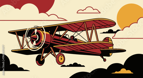 Stylized vintage biplane soars through clouds under a bright sun