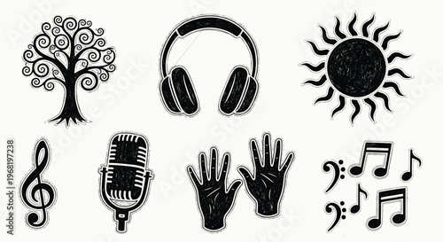 A collection of stylized black and white icons featuring a tree, headphones, sun, music symbols, microphone, and hands, perfect for graphic resources and conceptual layouts