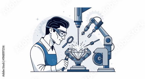 Technician meticulously crafts a large diamond with robotic arms and tools
