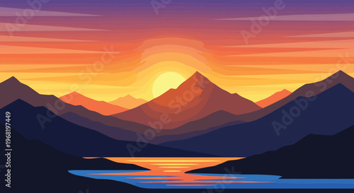 Vibrant sunset over layered mountains reflecting in a tranquil lake creating a picturesque natural landscape perfect for travel marketing or naturethemed presentations
