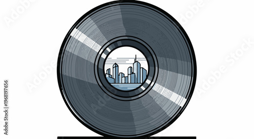 Stylized vinyl record with city skyline silhouette seen through the center hole