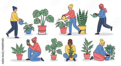 Diverse women, including Black, Hispanic, and Asian individuals, happily engaged in mindful indoor gardening activities, watering and repotting various houseplants, suitable for lifestyle