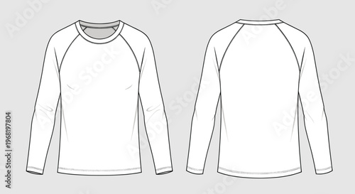 Simple technical flat sketch of a blank white long sleeve crew neck raglan tshirt garment for sportswear apparel design and clothing mockups