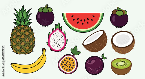 A vibrant collection of delicious tropical fruits featuring pineapple, watermelon, coconut, dragon fruit, mangosteen, banana, passion fruit, and kiwi, ideal for healthy eating guides or
