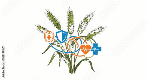 Stylized wheat stalks surrounded by health and security symbols