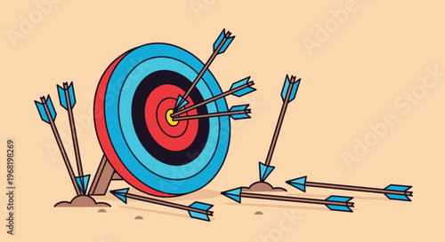 An archery target with many arrows depicting both successful strikes hitting the bullseye and several arrows missing, representing effort, challenge, and the process of achieving a