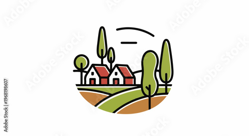 Stylized village scene with red-roofed houses, green trees, and rolling hills