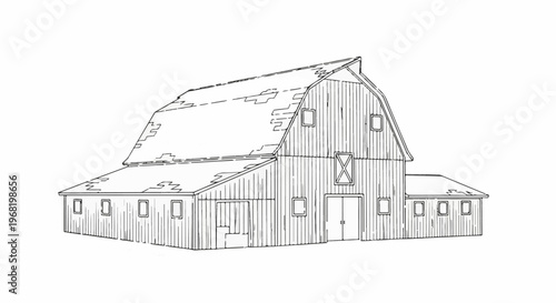 Stylized outline drawing of a classic gambrel roof barn with multiple windows