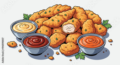 Delicious golden fried chicken nuggets and crispy tenders served with three flavorful dipping sauces, perfect for fast food menus, restaurant promotions, or snack bar advertisements.