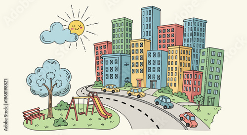 A joyful handdrawn city scene featuring colorful buildings, cars on a winding road, and a green park with a tree, bench, and playground, perfect for educational materials and friendly urban