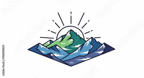 Stylized mountain peaks with a rising sun and rays