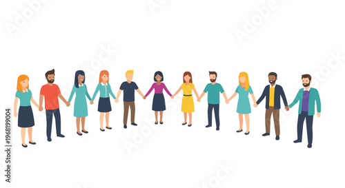 A diverse assembly of individuals stands united, holding hands in a symbolic gesture of collective connection, promoting community bonds and social