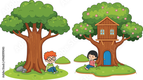 Kids Playing Near Tree and Treehouse Vector Illustration Set Featuring Children Sitting Outdoors and Wooden Tree House in Nature Landscape Scene