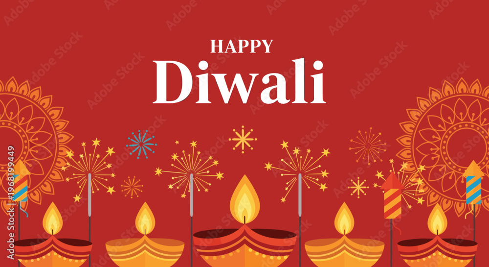 Naklejka premium Vibrant Happy Diwali greeting celebrating the festival of lights with traditional diyas and festive fireworks, perfect for cultural event promotions and holiday season advertisements