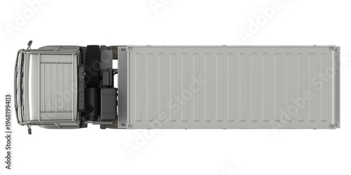 Top view of a modern cargo truck with a large container, isolated on white background