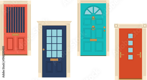 Set of Colorful Vintage Front Doors and Classic Architectural Entrances Featuring Elegant Frames Decorative Glass Panes and Ornate Knocker Details