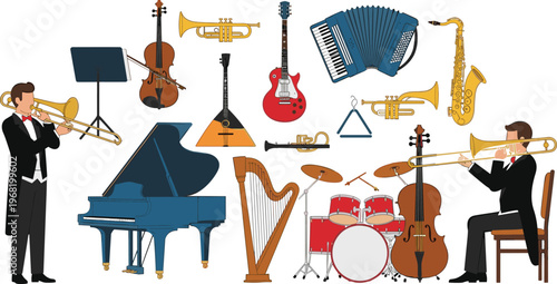 Musical Instruments and Orchestra Vector Illustration Set Featuring Piano Violin Trumpet Drum Guitar Harp and Musicians Performing Classical Music