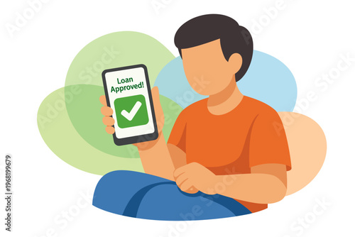 Man holding phone with loan approved message and checkmark.
