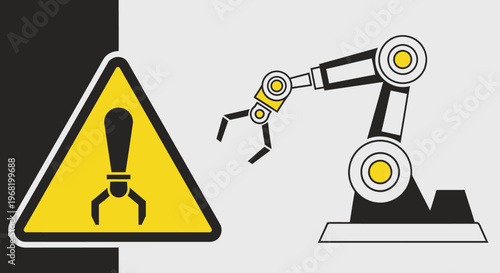 Yellow Robotic Arm Hazard Warning Sign with Industrial Robot Claw Icon on Grey Background
