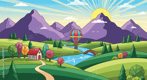Scenic vibrant landscape with towering mountains, winding river, quaint house nestled among rolling green hills, a colorful hot air balloon, and a radiating sun, perfect for travel