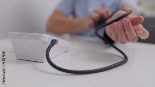 A middle aged man wraps a digital tonometer cuff around his arm and starts the measurement process at a white table.