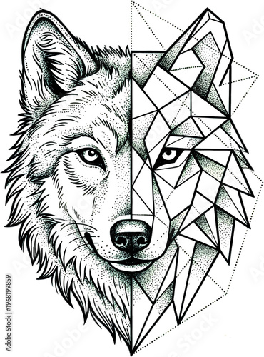 Split face wolf portrait, realistic and geometric style vector