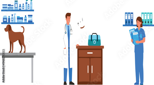 Veterinary Clinic Vector Illustration Set Featuring Veterinarian Examining Dog Nurse Holding Medical Records and Animal Care Equipment in Pet Hospital
