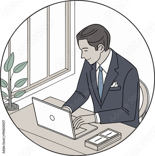 A stylized, 3D-rendered image of a businessman is depicted inside a circular frame, set against a minimalist office background. The man, appearing to be in his late 30s or early 40s, is of Caucasian e