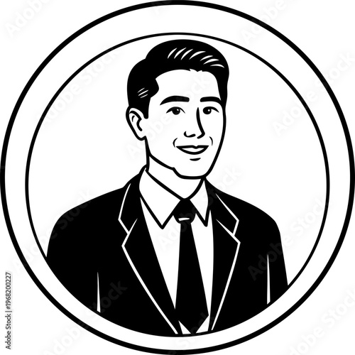 A stylized, 3D-rendered image of a businessman is depicted inside a circular frame, set against a minimalist office background. The man, appearing to be in his late 30s or early 40s, is of Caucasian e