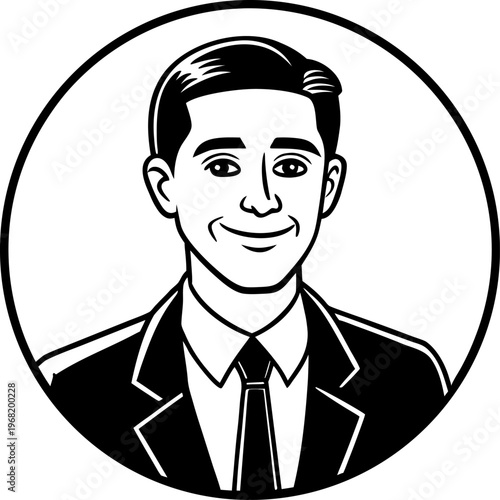 A stylized, 3D-rendered image of a businessman is depicted inside a circular frame, set against a minimalist office background. The man, appearing to be in his late 30s or early 40s, is of Caucasian e