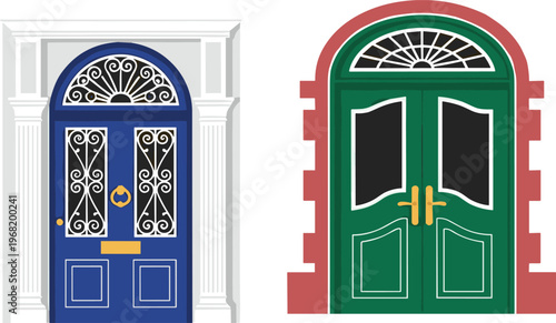 Set of Ornate Arched Double Doors Featuring Classic Architectural Entrances with Decorative Wrought Iron Details Elegant Pillars and Stone Frames
