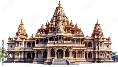 A grand, ornate sandstone temple with elaborate carvings and multiple towers rises against a plain white background