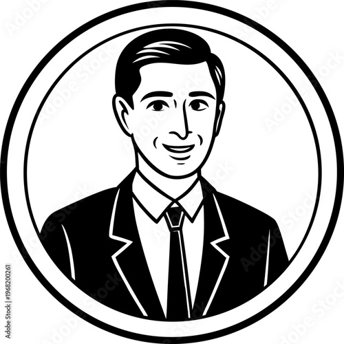A stylized, 3D-rendered image of a businessman is depicted inside a circular frame, set against a minimalist office background. The man, appearing to be in his late 30s or early 40s, is of Caucasian e
