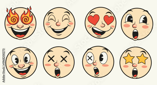 Collection of expressive round faces showcasing a range of emotions including joy, surprise, love, and excitement, perfect for digital communication and playful visual storytelling.