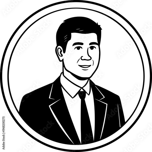 A stylized, 3D-rendered image of a businessman is depicted inside a circular frame, set against a minimalist office background. The man, appearing to be in his late 30s or early 40s, is of Caucasian e