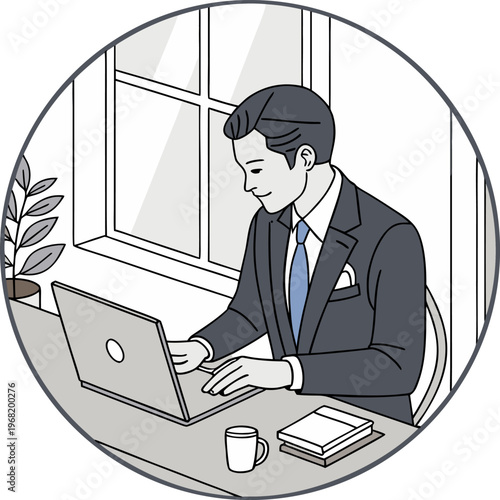 A stylized, 3D-rendered image of a businessman is depicted inside a circular frame, set against a minimalist office background. The man, appearing to be in his late 30s or early 40s, is of Caucasian e