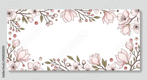 Decorative floral frame with soft pink spring blossoms branches and berries perfect for wedding invitations greeting cards and nature themed event promotions