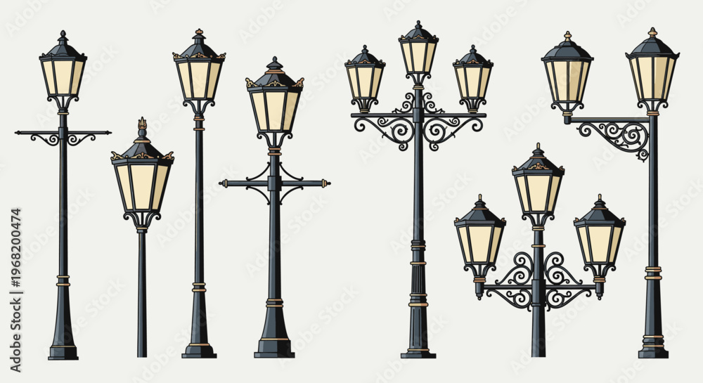 Fototapeta premium A collection of vintage street lamps and ornate lampposts providing classic urban lighting solutions for architectural themes and decorative purposes