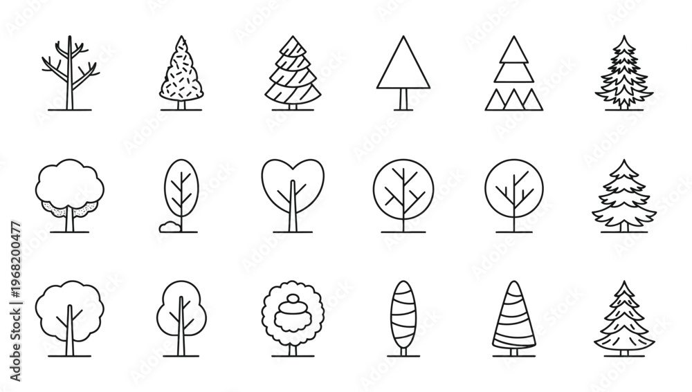 Fototapeta premium Collection of hand drawn tree icons in black and white
