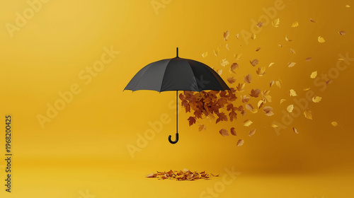 Black Umbrella Transforming Into Falling Yellow Autumn Leaves Concept On Bright Yellow Background Image