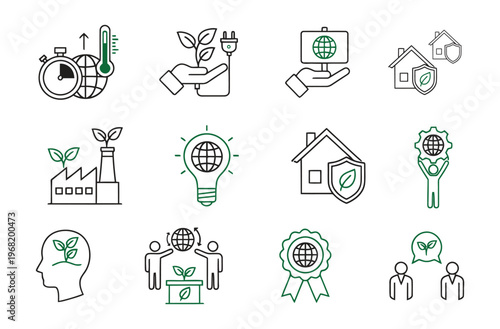 Sustainable living icons energy ecology and human well being concepts
