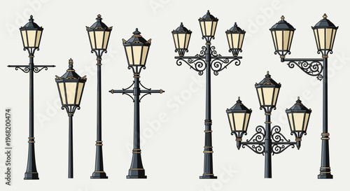 A collection of vintage street lamps and ornate lampposts providing classic urban lighting solutions for architectural themes and decorative purposes
