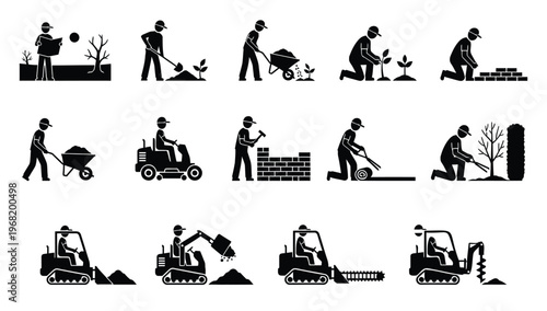 Gardening and landscaping pictograms a visual sequence of outdoor work