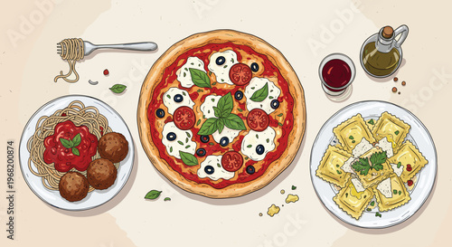A vibrant topdown view of a classic Italian meal spread including pasta with meatballs, fresh mozzarella pizza, and traditional ravioli, excellent for culinary promotions and food service