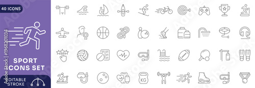 Sport icons set. Contain icons related to baseball, basketball, soccer, and other sports. Editable stroke